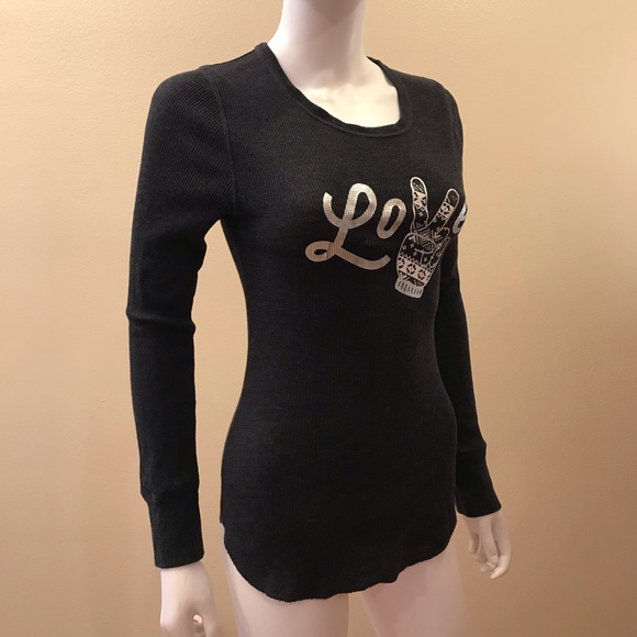 Old Navy Tops - Old Navy Long Sleeve Thermal Top Womens Medium Love Peace Mitten Charcoal Grey